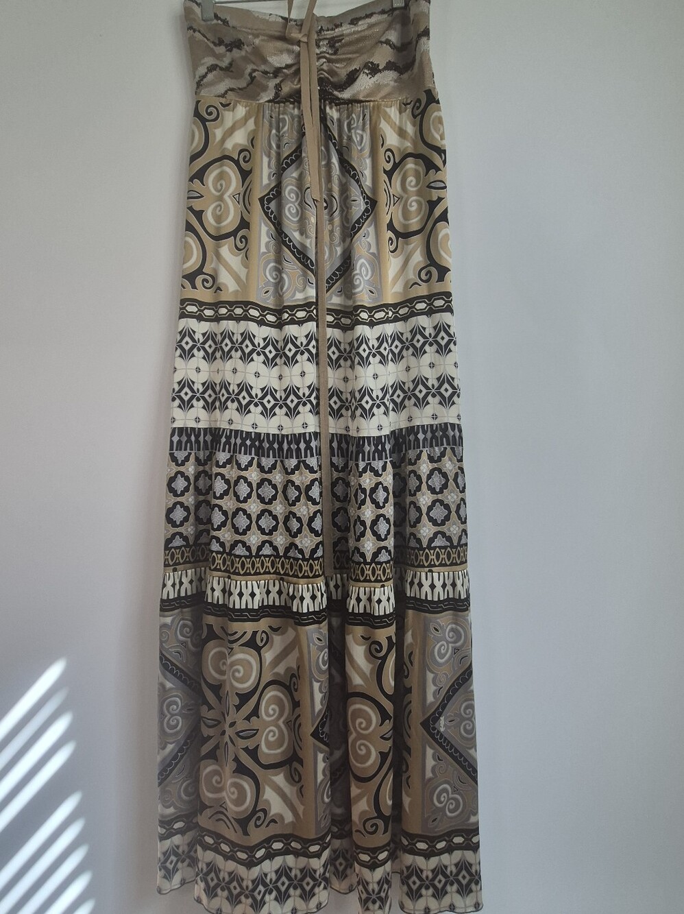 Hale Bob Silk Smocked Metallic Knit Halter Maxi Dress Brown Geometric Large L
